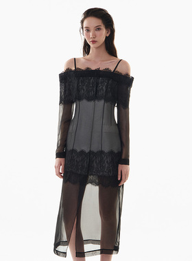 越南小众MUSTHAVE 2024夏季新款黑灰撞色类似覆盖一字肩吊带裙