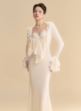 越南小众LINH PHUNG 2025年秋季新款法式米白色垂感花边修身裙