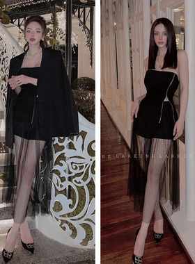 越南小众LA REINE 2026年春季新款性感黑色拉链抹胸西装套装