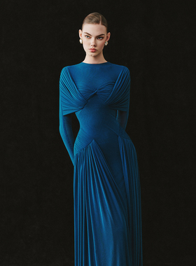 品牌授权 越南小众品牌CICI 2026年新春新款深邃镇静蓝色长裙