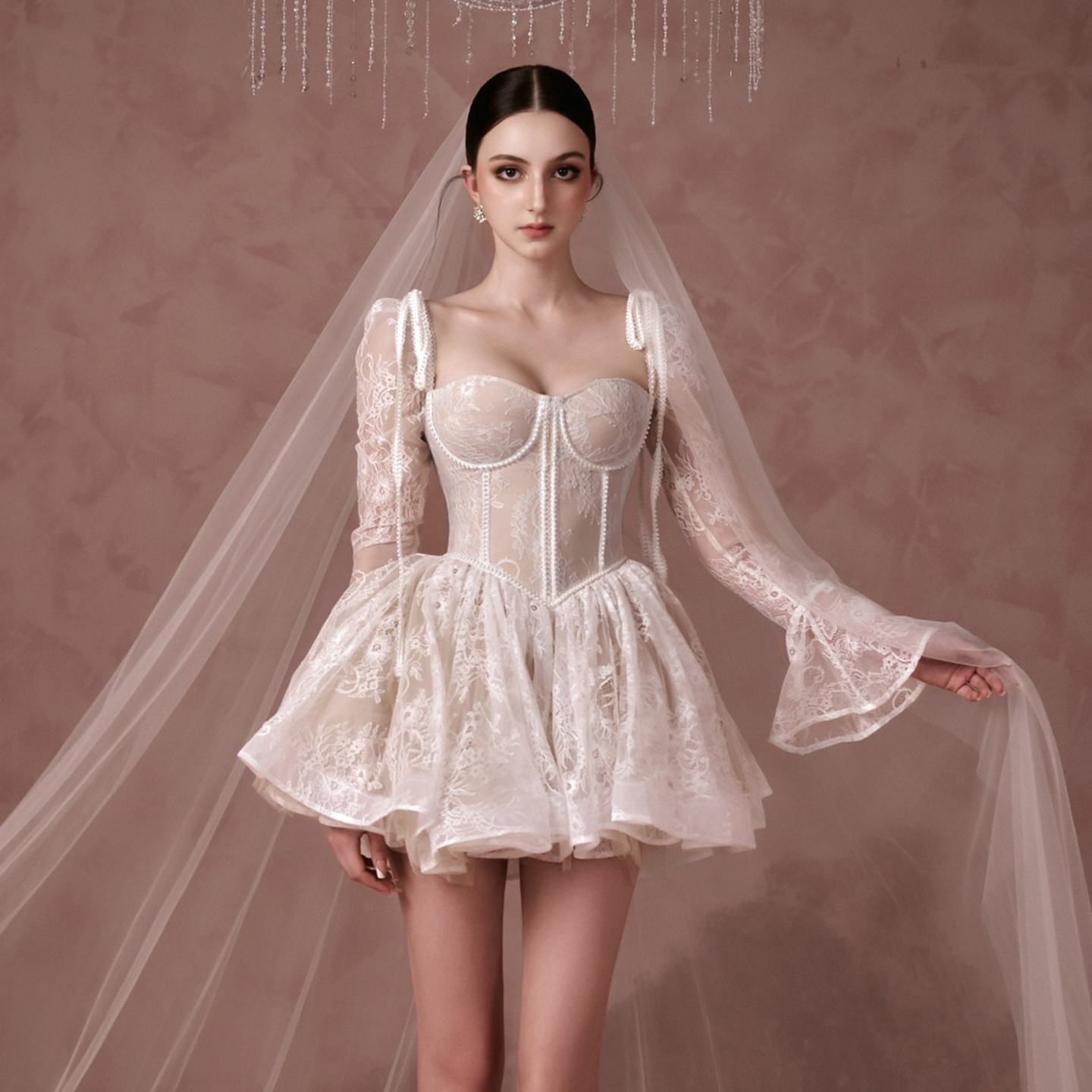 越南小众品牌SISSY 2025年夏季新款隐约蕾丝温柔喇叭袖连衣裙