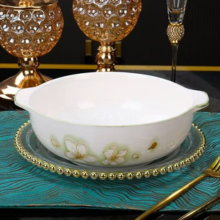 黄金叶10.5英寸双耳碗2个装 陶瓷高温釉下彩大汤碗微波炉加热汤碗