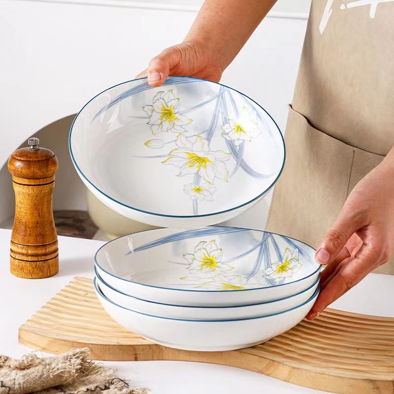 水仙花7英寸陶瓷圆盘10个装家用创意中式日式釉下彩凉菜盘商用