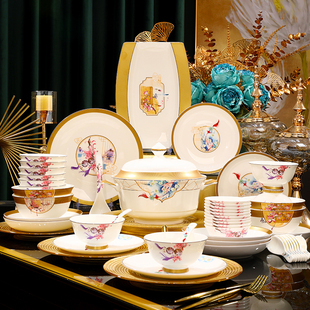 左手指月真骨瓷大套装餐具套装骨瓷碗家用高档碗碟盘