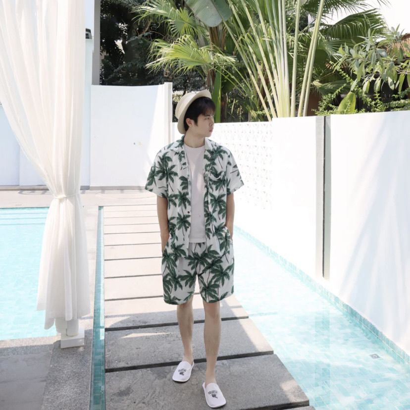 短袖花衬衫海南岛服沙滩服三亚夏威风泰国旅游男情侣夏季薄款套装
