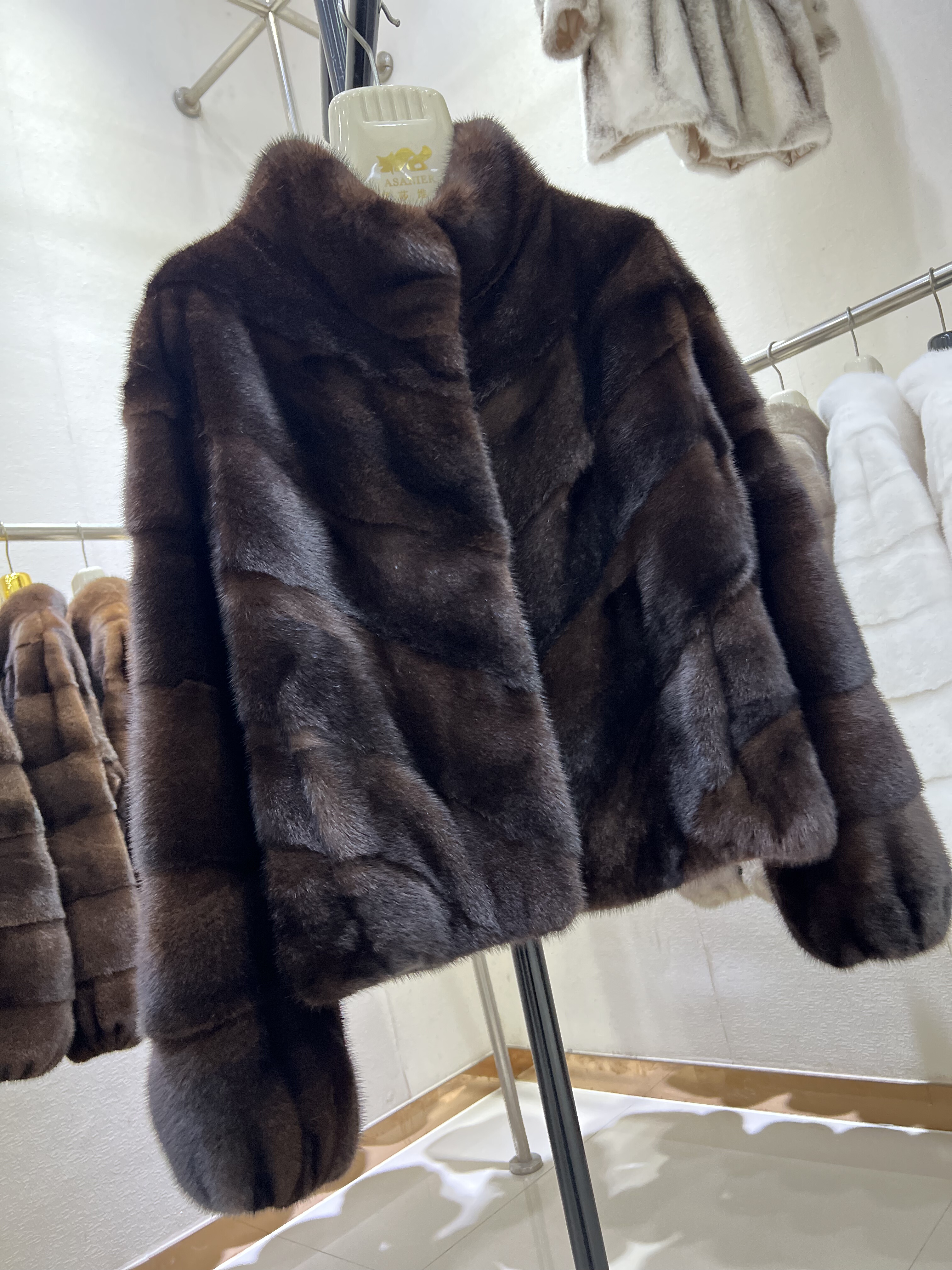 进口貂皮草大衣女 整貂水貂横排工艺立领喇叭袖短款裘皮外套年轻