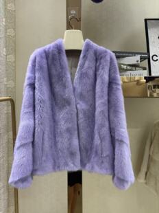 新款 水貂皮草外套女貂皮大衣整貂 v领进口天鹅绒紫标银十字貂短款