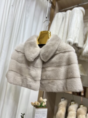 定制款白色水貂毛披肩翻领貂皮大衣皮草外套斗篷短款年轻款母貂