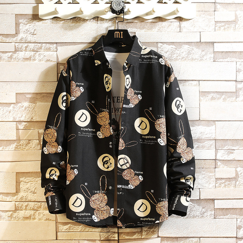 秋季青少年长袖休闲宽松外套大码印花衬衫T恤衬衣/2205P40，男装T恤，电商A012