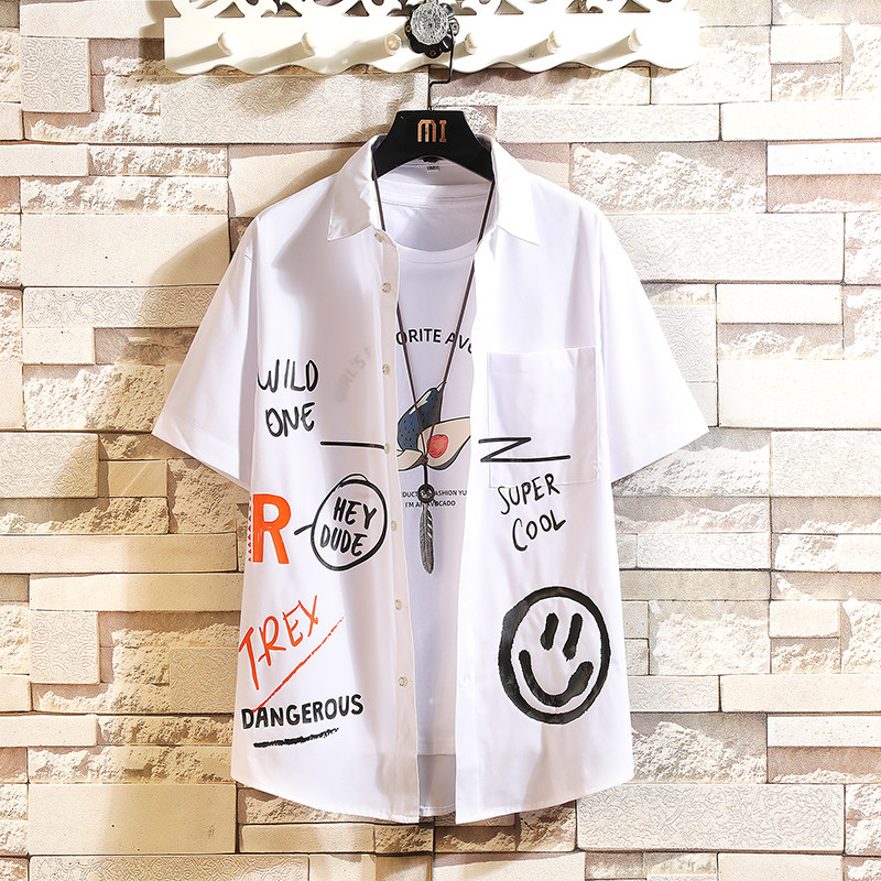 大码印花风衬衫男夏新款青年短袖衬衫/D7053p35，男装T恤，电商A012