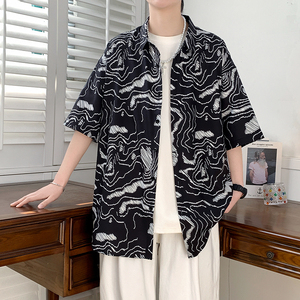 花衬衫男短袖夏季痞帅休闲上衣服外套翻领大码衬衣男A011-2/P35图片