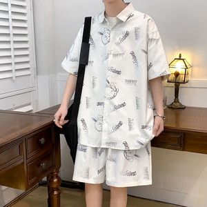夏季短袖套装男五分袖衬衣潮短裤男大码两件套8653/衣35裤30/P65图片