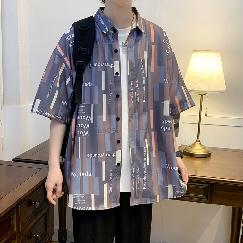 大码外套青年衬衣休闲宽松短袖印花流行衬衫男A011-2/8608p40,男装T恤,电商A012