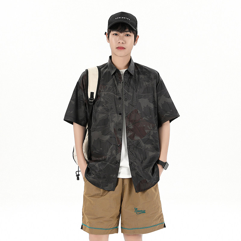 花衬衫男短袖夏季痞帅休闲上衣服外套翻领大码衬衣A011-2/P45,男装T恤,电商A012