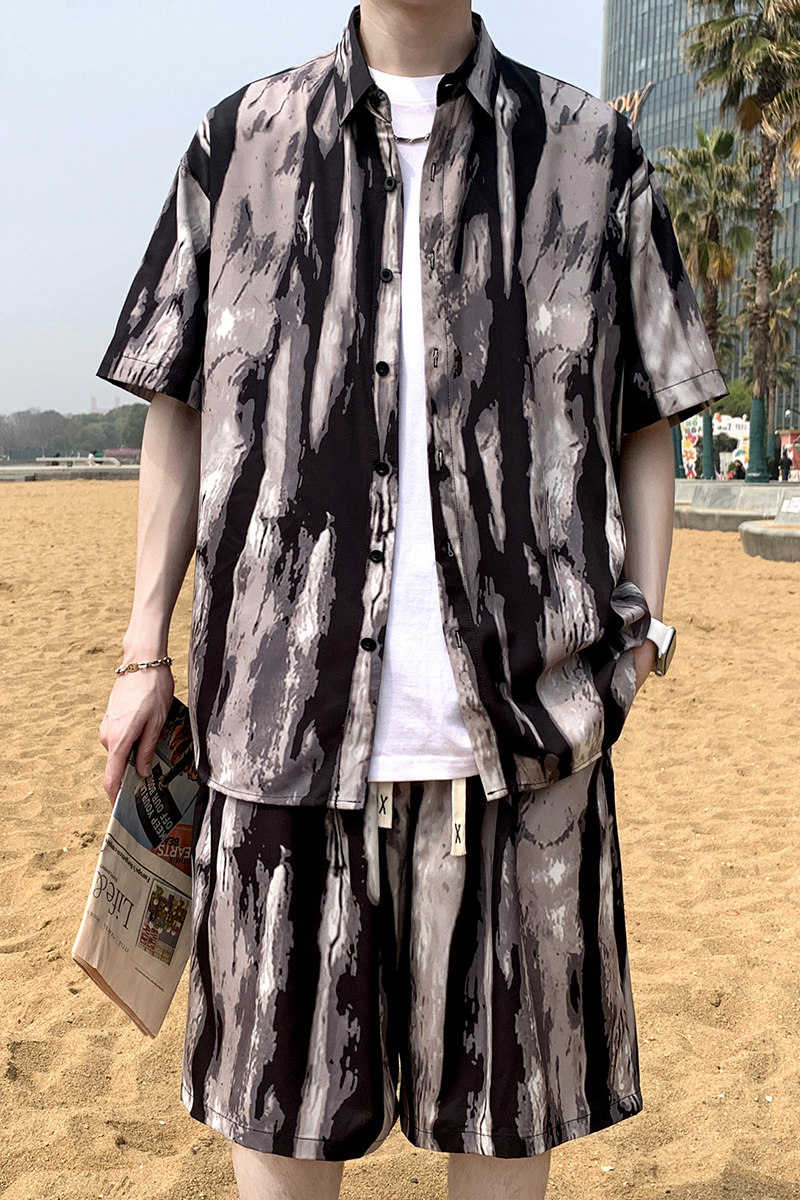夏日大码套装宽松花衬衫男短袖痞帅休闲上衣两件套衣25裤18/TP43,男装休闲套装,电商A012