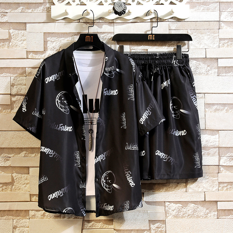 夏季短袖套装男五分袖衬衣潮短裤男大码两件套8653/衣35裤30/P65，男装休闲套装，电商A012