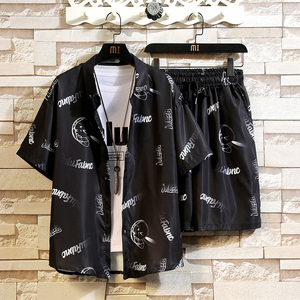 夏季短袖套装男五分袖衬衣潮短裤男大码两件套8653/衣35裤30/P65,男装休闲套装,电商A012