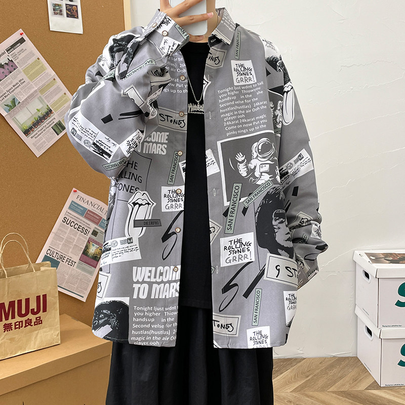 大码港风外套青年衬衣休闲宽松长袖印花衬衫/22015p35，男装衬衫，电商A012