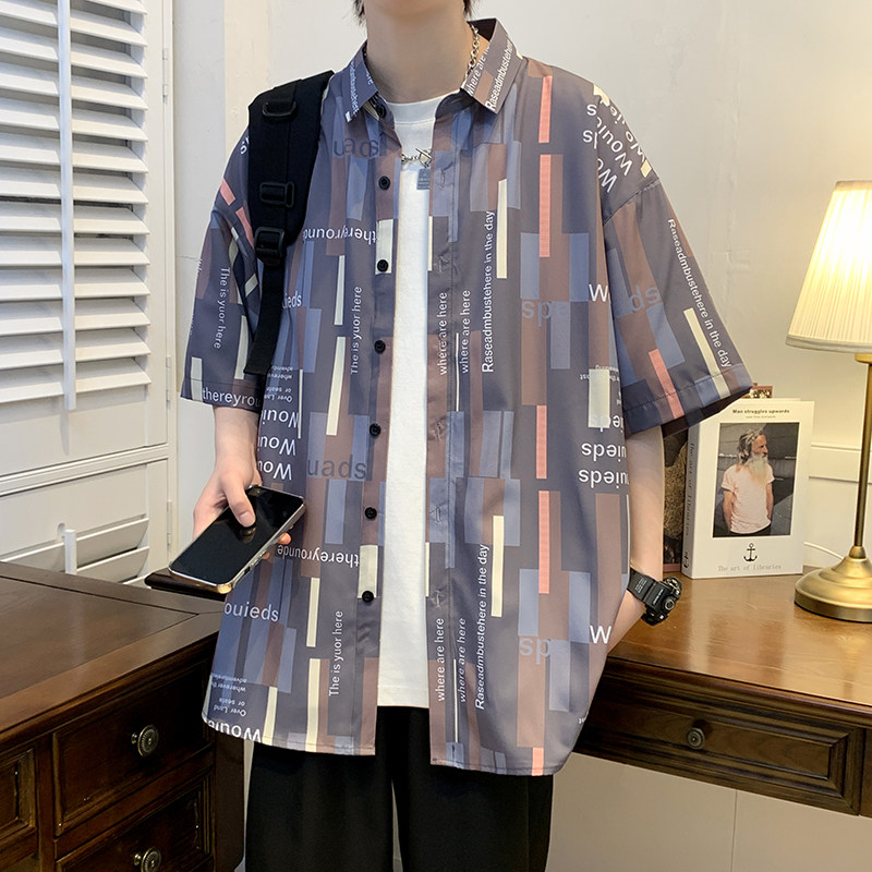 大码外套青年衬衣休闲宽松短袖印花流行衬衫男A011-2/8608p40,男装T恤,电商A012