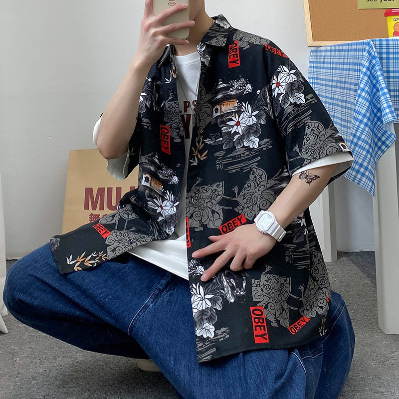 夏季大码短袖衬衣休闲外套印花风青年衬衫风/P27，男装T恤，电商A012