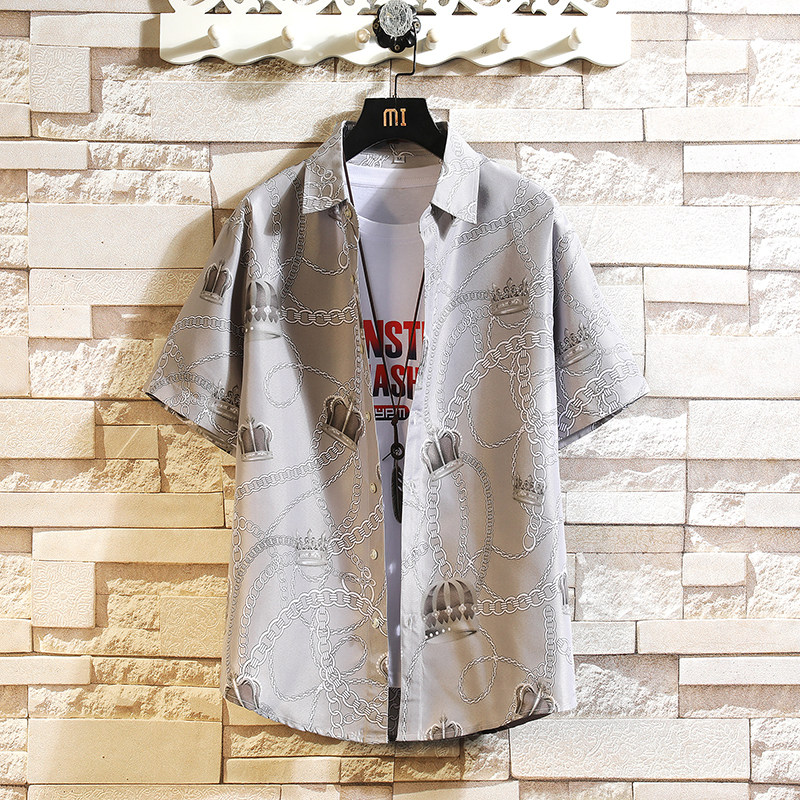 夏季大码短袖衬衣休闲外套印花风青年衬衫/D7098p27，男装T恤，电商A012