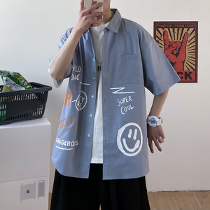 港风大码印花风潮男春夏新款青年短袖衬衫QT5030/ D7053p35图片