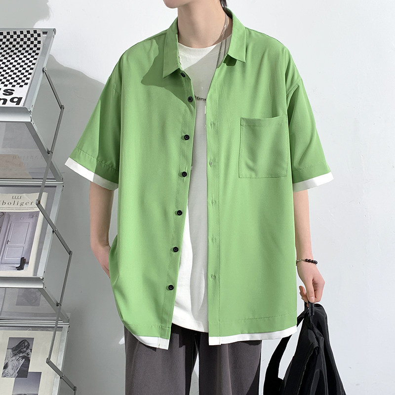 青年拼色外套衬衣休闲宽松短袖印花假两件衬衫男A011-2/p30,男装T恤,电商A012