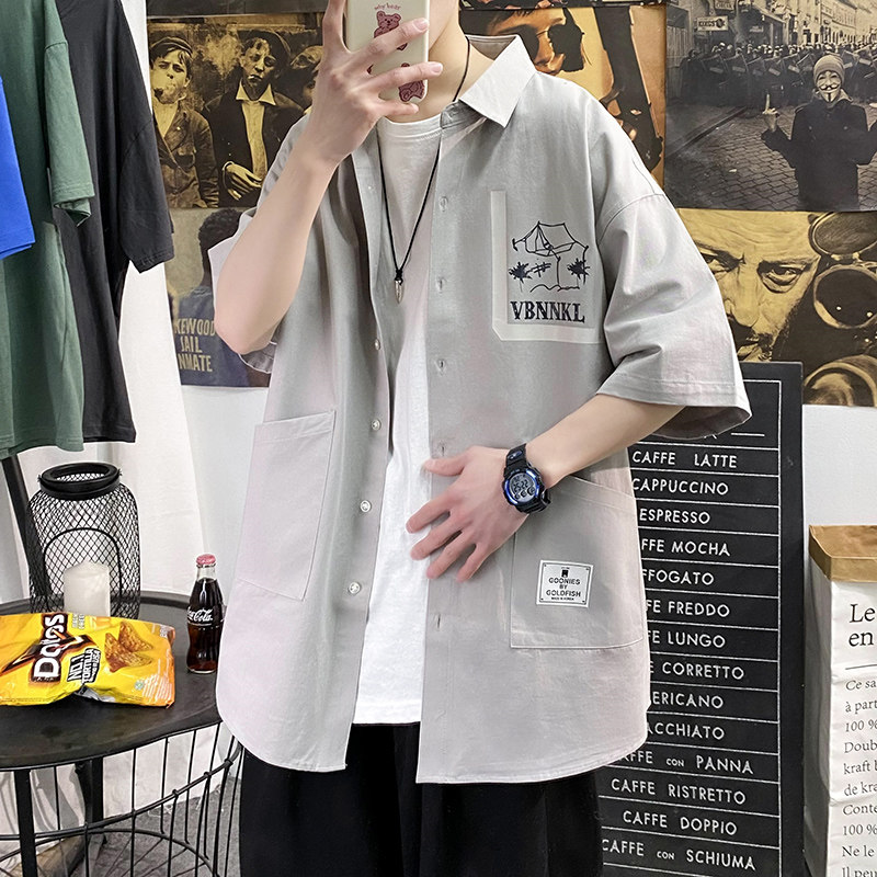 2021全棉沙洗大码印花中国风男夏青年短袖衬衫QT5030/D7061p40,男装衬衫,电商A012