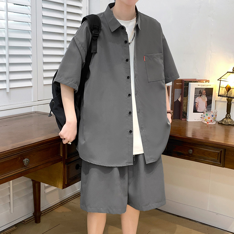纯色短袖套装五分袖衬衣潮短裤男大码两件套8654/衣22裤20/TP42,男装休闲套装,电商A012