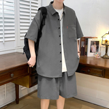 纯色短袖套装五分袖衬衣潮短裤男大码两件套8654/衣22裤20/TP42，男装休闲套装，电商A012