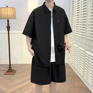 纯色短袖套装五分袖衬衣潮短裤男大码两件套8654/衣22裤20/TP42图片