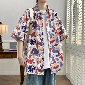 花衬衫男短袖夏季痞帅休闲上衣服外套翻领大码衬衣男A011-2/P35图片