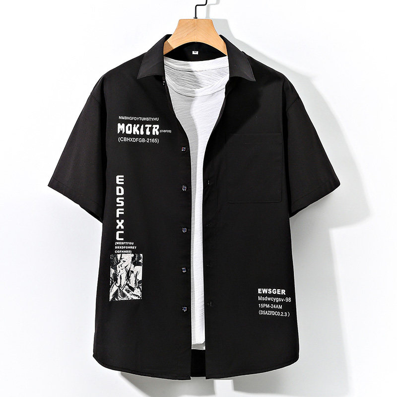 大码印花风衬衫男春夏新款青年短袖衬衫/D7055p35，男装T恤，电商A012