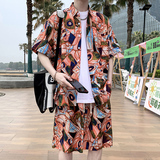 夏日大码套装宽松花衬衫男短袖痞帅休闲上衣两件套衣35裤23/P58，男装休闲套装，电商A012