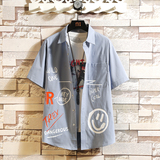 大码印花风衬衫男夏新款青年短袖衬衫/D7053p35，男装T恤，电商A012