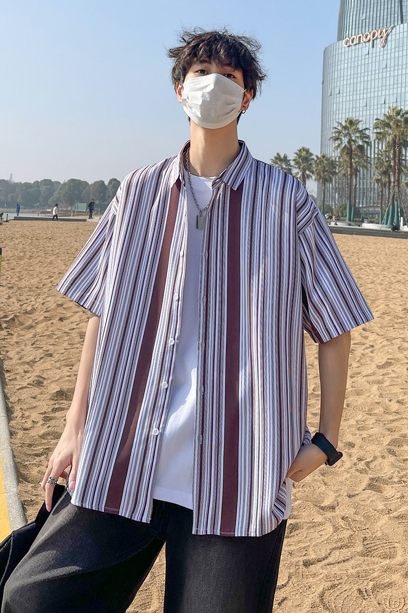花衬衫男短袖夏季条纹休闲上衣服外套痞帅大码衬衣A011-2/8663P45,男装T恤,电商A012