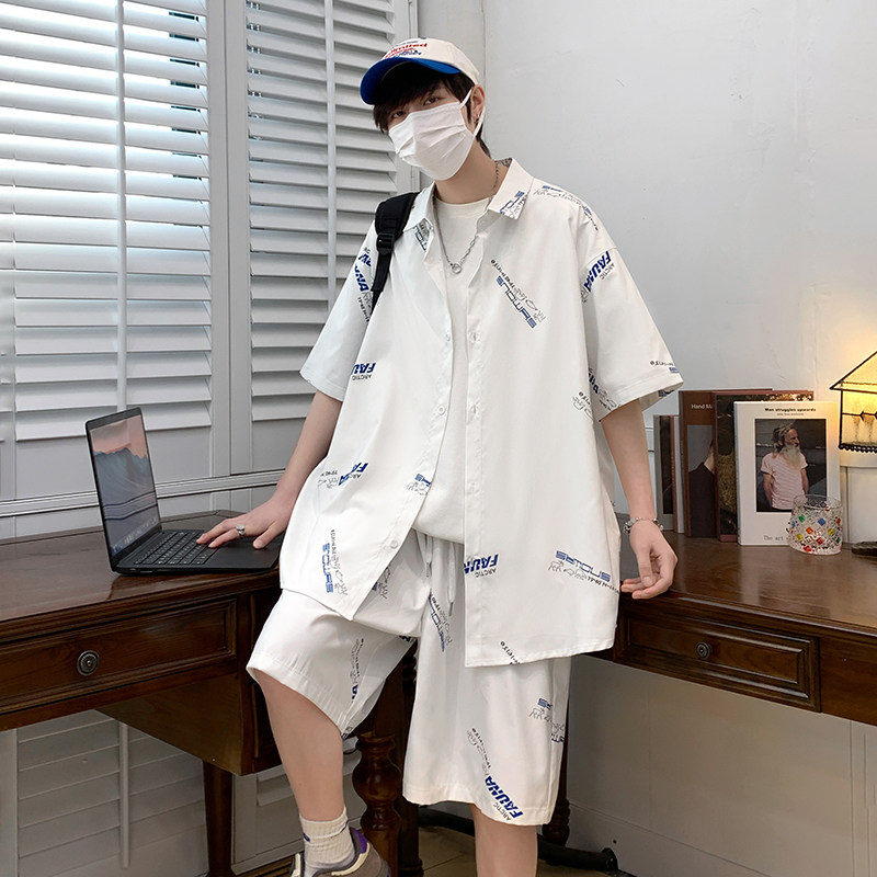 夏季短袖套装男五分袖衬衣潮短裤男大码两件套8652/衣35裤30/P65,男装牛仔裤,电商A012