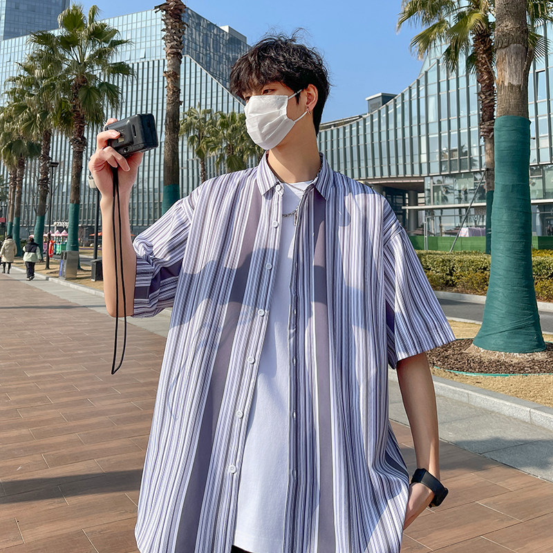 花衬衫男短袖夏季条纹休闲上衣服外套痞帅大码衬衣A011-2/8663P45,男装T恤,电商A012