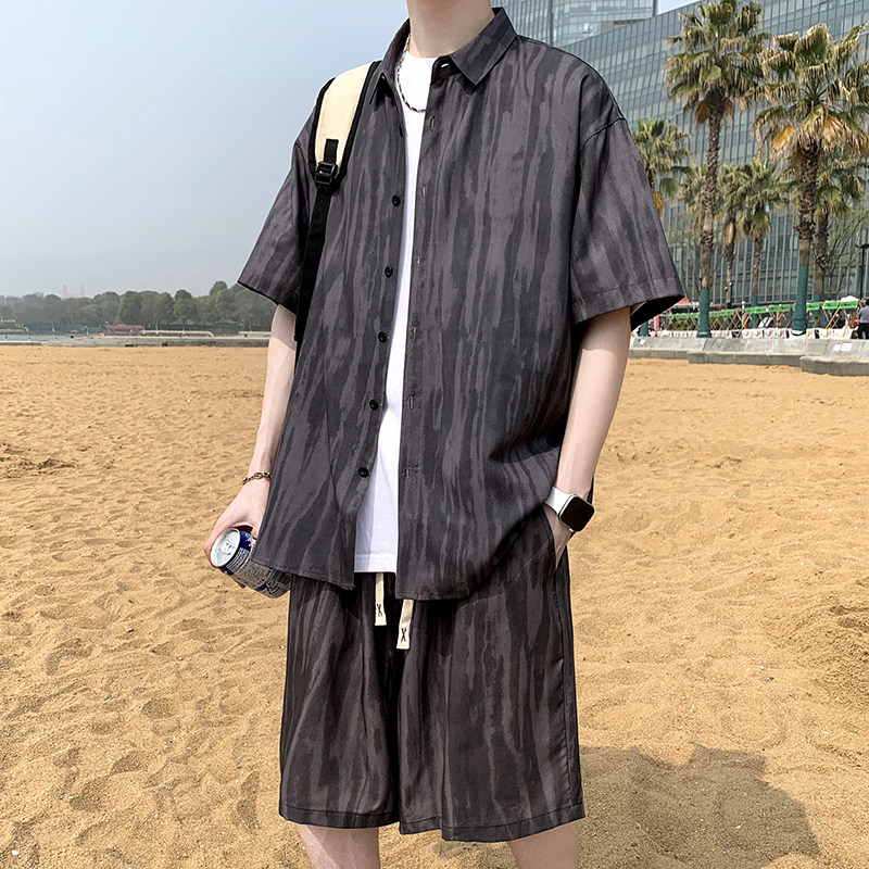 夏日大码套装宽松花衬衫男短袖痞帅休闲上衣两件套衣25裤18/TP43图片