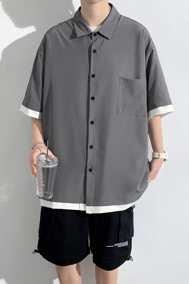 青年拼色外套衬衣休闲宽松短袖印花假两件衬衫男A011-2/p30,男装T恤,电商A012