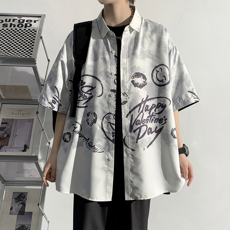 精品大码外套青年衬衣休闲宽松短袖印花流行衬衫男装A011-2/p40,男装T恤,电商A012