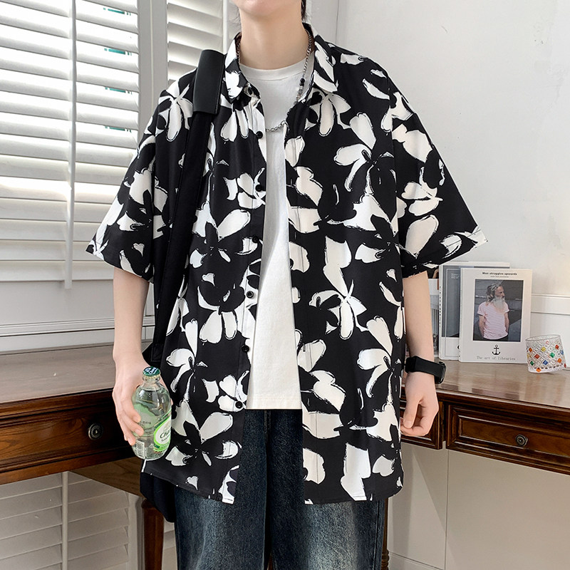 花衬衫男短袖夏季痞帅休闲上衣服外套翻领大码衬衣男A011-2/P35,男装T恤,电商A012