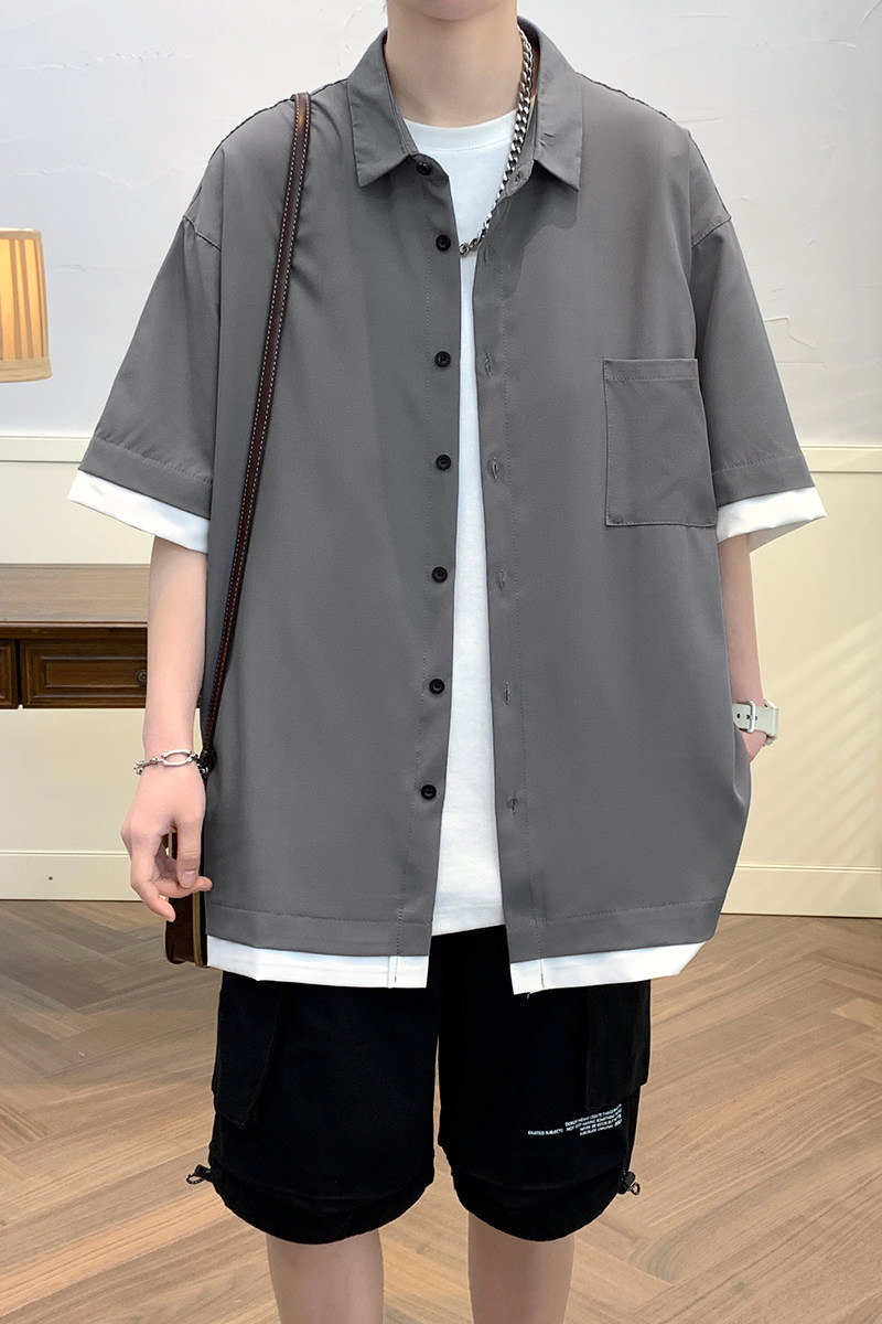 青年拼色外套衬衣休闲宽松短袖印花假两件衬衫男A011-2/p30,男装T恤,电商A012