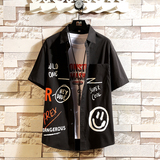 大码印花风衬衫男夏新款青年短袖衬衫/D7053p35，男装T恤，电商A012