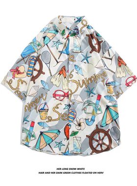 港味复古vintage衬衣男夏威夷碎花海边风潮流宽松bf短袖衬衫情侣