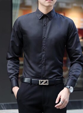 黑色衬衫男长袖工作服商务工装长袖职业装正装韩版休闲白衬衣男装