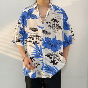 港风复古夏威夷满印棉短袖vintage花衬衫男女泰式雅痞情侣沙滩衬