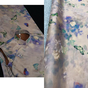 紫色庄生梦蝶真丝透孔花罗红云纱面料国风旗袍连衣裙外套薯莨布料