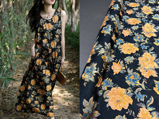 浮生一梦 黑色底印花百分百桑蚕丝红云纱花罗面料 114门幅 26姆米