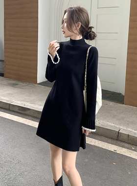 秋冬新款内搭针织连衣裙女小黑裙中长款打底小个子毛衣a字毛衣裙